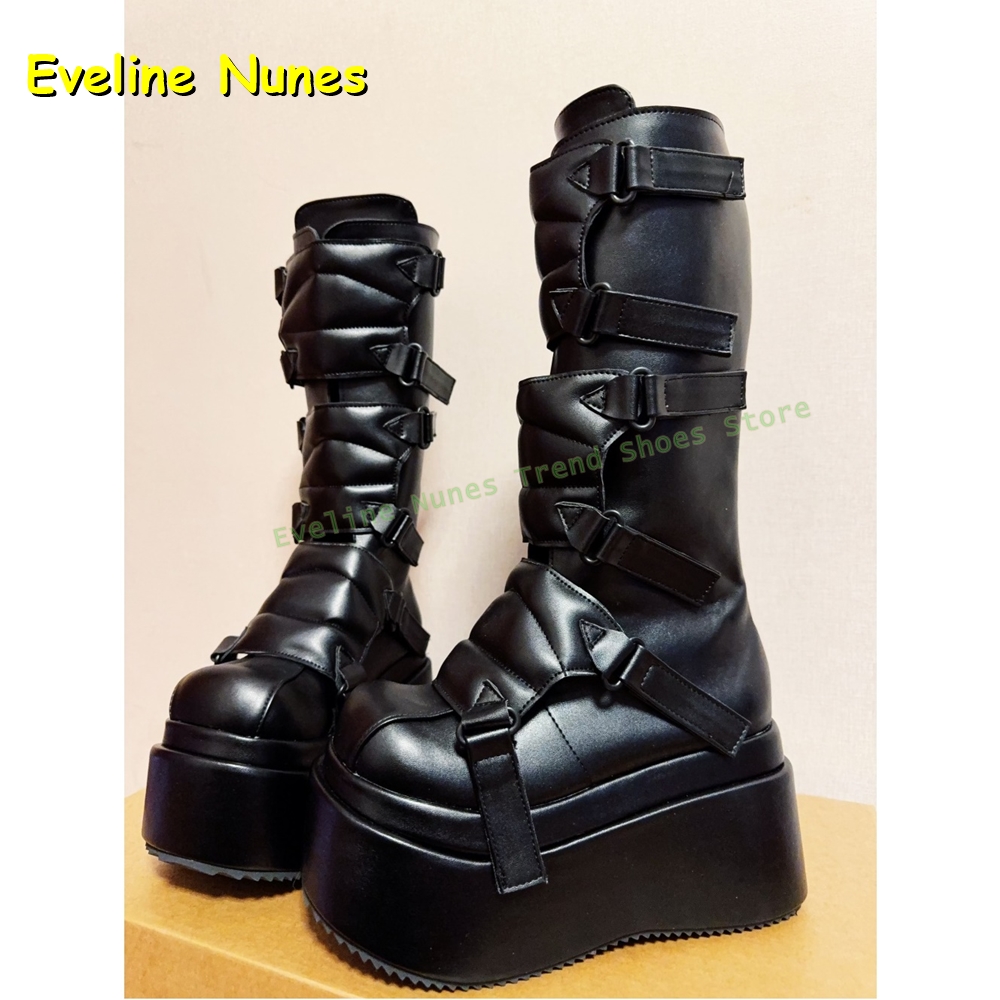 Women'S Shoes Big Feet - Black Buckle Cyberpunk Y2K Knee High