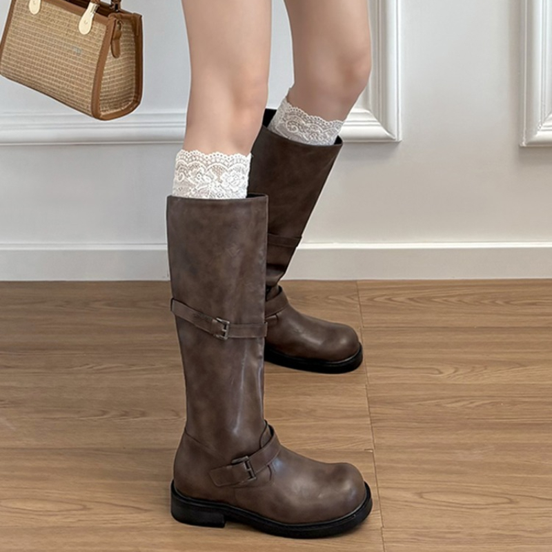 Vintage Belt Buckle Women Knee - High Knee Heel Boots ulasan dan harga