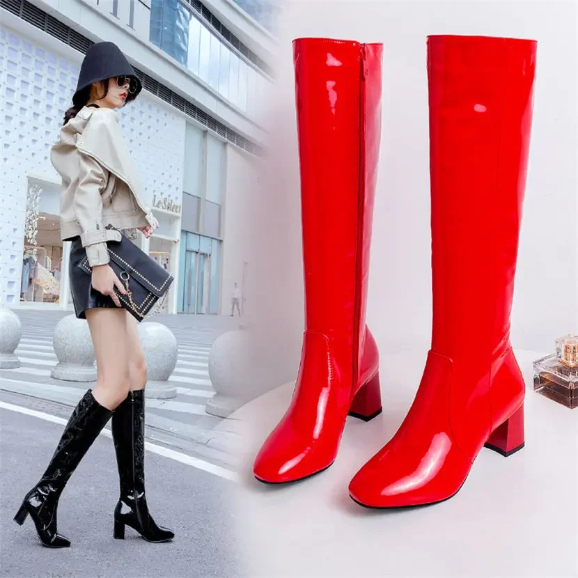 Red White Patent Leather Women - High Knee Heel Boots ulasan dan harga